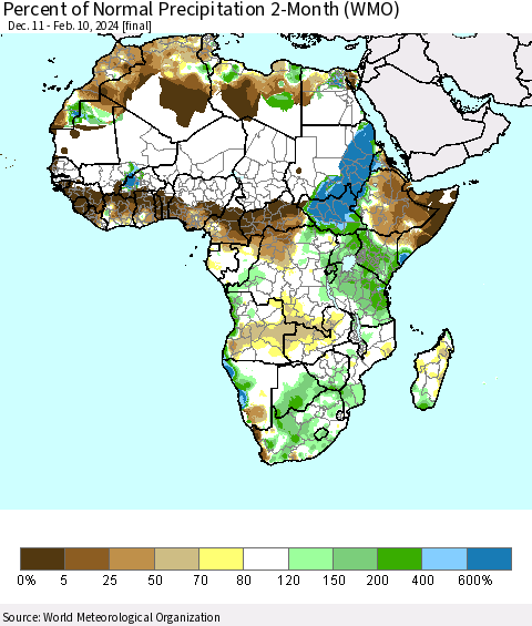 Africa Percent of Normal Precipitation 2-Month (WMO) Thematic Map For 12/11/2023 - 2/10/2024