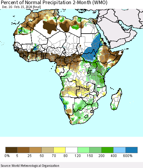 Africa Percent of Normal Precipitation 2-Month (WMO) Thematic Map For 12/16/2023 - 2/15/2024