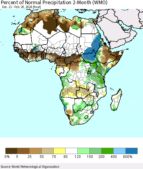 Africa Percent of Normal Precipitation 2-Month (WMO) Thematic Map For 12/21/2023 - 2/20/2024
