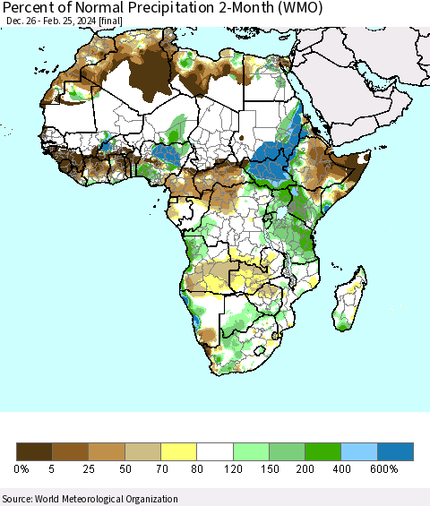 Africa Percent of Normal Precipitation 2-Month (WMO) Thematic Map For 12/26/2023 - 2/25/2024