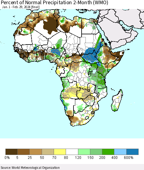 Africa Percent of Normal Precipitation 2-Month (WMO) Thematic Map For 1/1/2024 - 2/29/2024