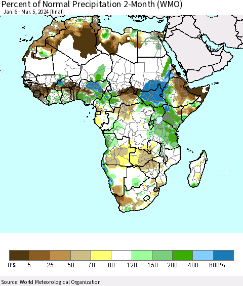Africa Percent of Normal Precipitation 2-Month (WMO) Thematic Map For 1/6/2024 - 3/5/2024