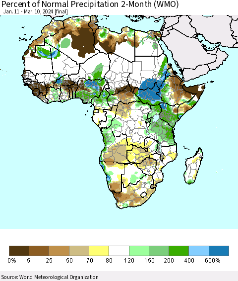 Africa Percent of Normal Precipitation 2-Month (WMO) Thematic Map For 1/11/2024 - 3/10/2024