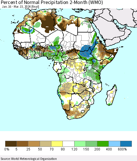 Africa Percent of Normal Precipitation 2-Month (WMO) Thematic Map For 1/16/2024 - 3/15/2024