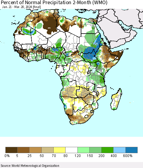 Africa Percent of Normal Precipitation 2-Month (WMO) Thematic Map For 1/21/2024 - 3/20/2024