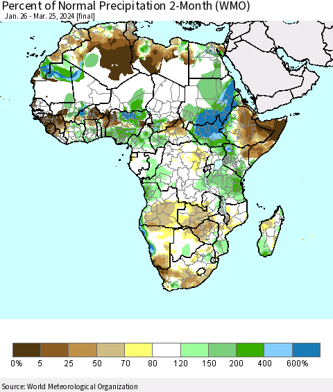Africa Percent of Normal Precipitation 2-Month (WMO) Thematic Map For 1/26/2024 - 3/25/2024