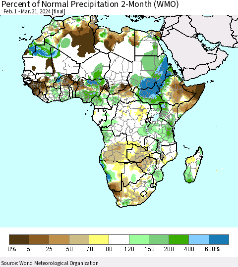 Africa Percent of Normal Precipitation 2-Month (WMO) Thematic Map For 2/1/2024 - 3/31/2024