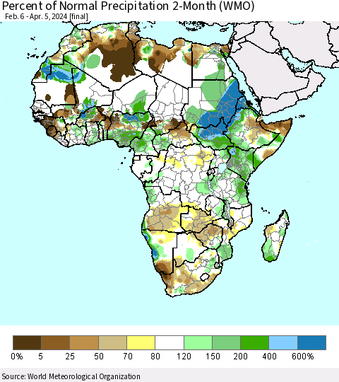 Africa Percent of Normal Precipitation 2-Month (WMO) Thematic Map For 2/6/2024 - 4/5/2024