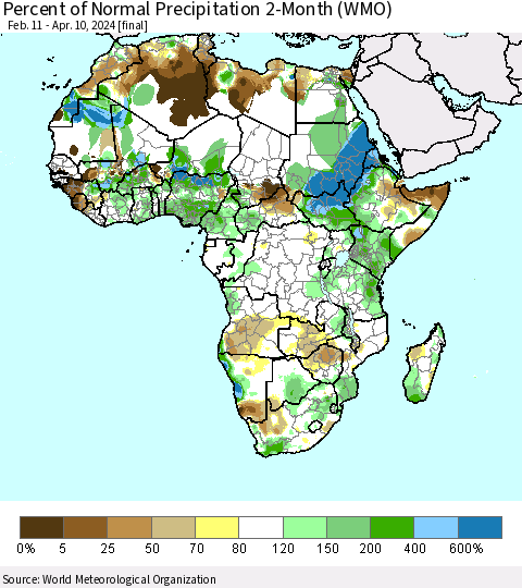 Africa Percent of Normal Precipitation 2-Month (WMO) Thematic Map For 2/11/2024 - 4/10/2024