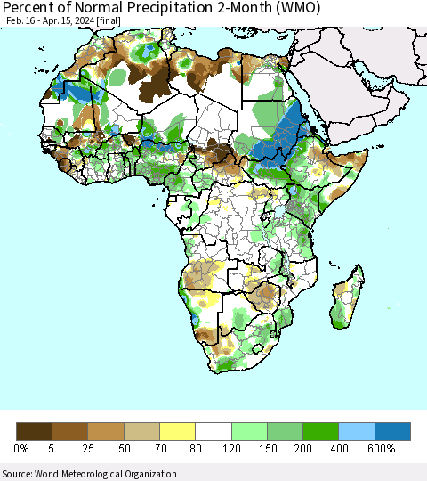 Africa Percent of Normal Precipitation 2-Month (WMO) Thematic Map For 2/16/2024 - 4/15/2024