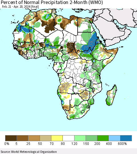 Africa Percent of Normal Precipitation 2-Month (WMO) Thematic Map For 2/21/2024 - 4/20/2024