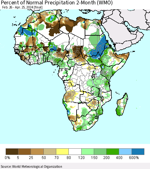 Africa Percent of Normal Precipitation 2-Month (WMO) Thematic Map For 2/26/2024 - 4/25/2024