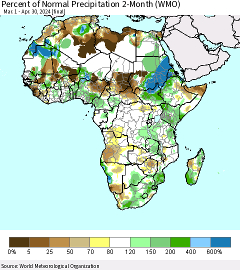 Africa Percent of Normal Precipitation 2-Month (WMO) Thematic Map For 3/1/2024 - 4/30/2024