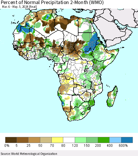 Africa Percent of Normal Precipitation 2-Month (WMO) Thematic Map For 3/6/2024 - 5/5/2024