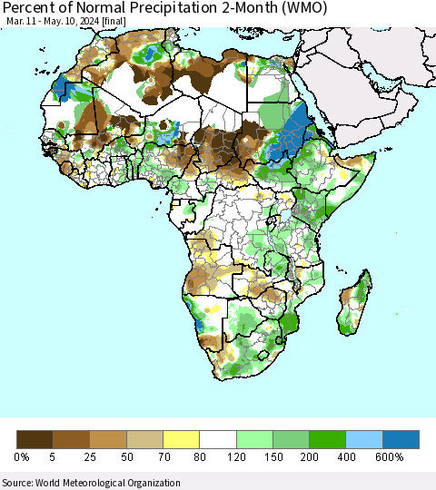 Africa Percent of Normal Precipitation 2-Month (WMO) Thematic Map For 3/11/2024 - 5/10/2024