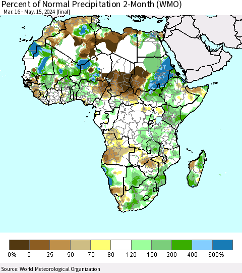 Africa Percent of Normal Precipitation 2-Month (WMO) Thematic Map For 3/16/2024 - 5/15/2024