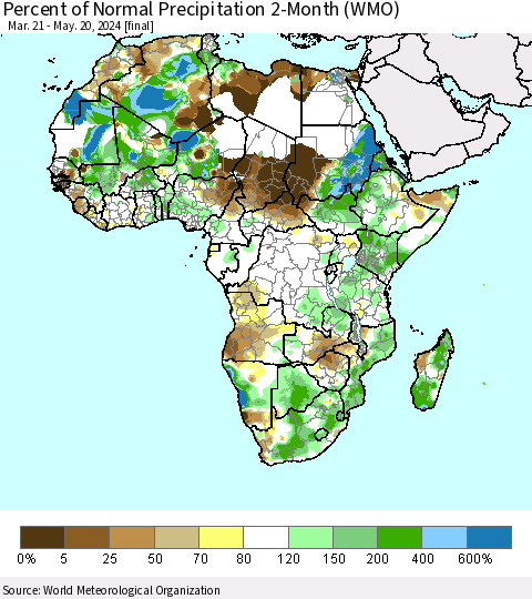 Africa Percent of Normal Precipitation 2-Month (WMO) Thematic Map For 3/21/2024 - 5/20/2024