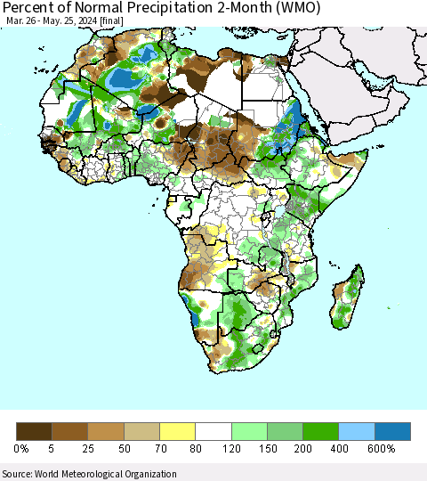 Africa Percent of Normal Precipitation 2-Month (WMO) Thematic Map For 3/26/2024 - 5/25/2024