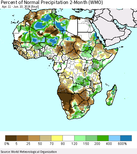 Africa Percent of Normal Precipitation 2-Month (WMO) Thematic Map For 4/11/2024 - 6/10/2024