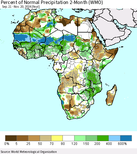 Africa Percent of Normal Precipitation 2-Month (WMO) Thematic Map For 9/21/2024 - 11/20/2024