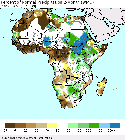 Africa Percent of Normal Precipitation 2-Month (WMO) Thematic Map For 11/21/2024 - 1/20/2025