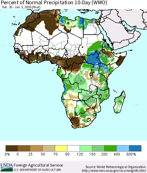 Africa Percent of Normal Precipitation 10-Day (WMO) Thematic Map For 12/26/2019 - 1/5/2020