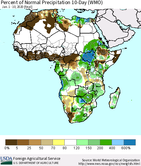 Africa Percent of Normal Precipitation 10-Day (WMO) Thematic Map For 1/1/2020 - 1/10/2020