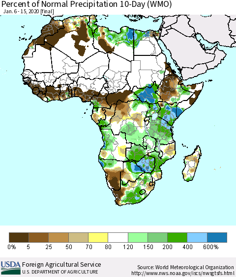 Africa Percent of Normal Precipitation 10-Day (WMO) Thematic Map For 1/6/2020 - 1/15/2020