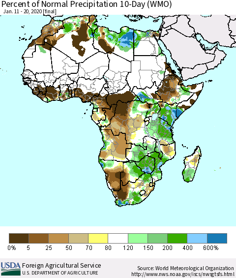Africa Percent of Normal Precipitation 10-Day (WMO) Thematic Map For 1/11/2020 - 1/20/2020