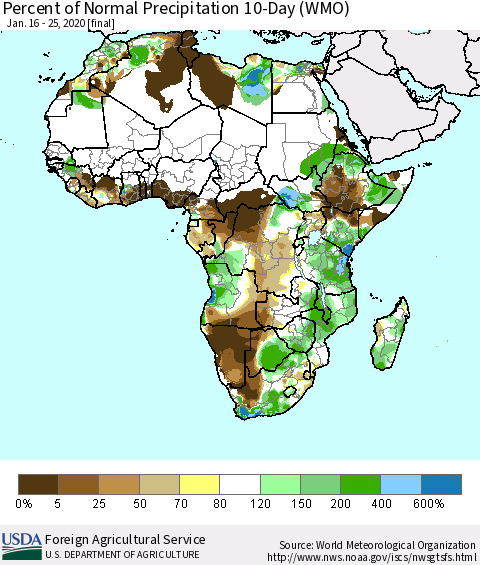 Africa Percent of Normal Precipitation 10-Day (WMO) Thematic Map For 1/16/2020 - 1/25/2020
