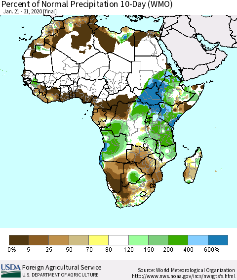 Africa Percent of Normal Precipitation 10-Day (WMO) Thematic Map For 1/21/2020 - 1/31/2020