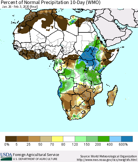 Africa Percent of Normal Precipitation 10-Day (WMO) Thematic Map For 1/26/2020 - 2/5/2020