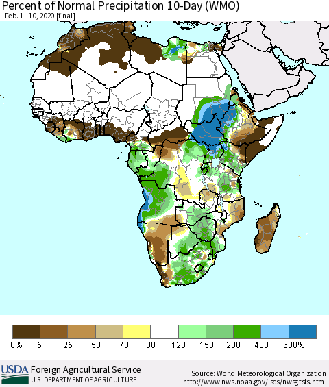Africa Percent of Normal Precipitation 10-Day (WMO) Thematic Map For 2/1/2020 - 2/10/2020