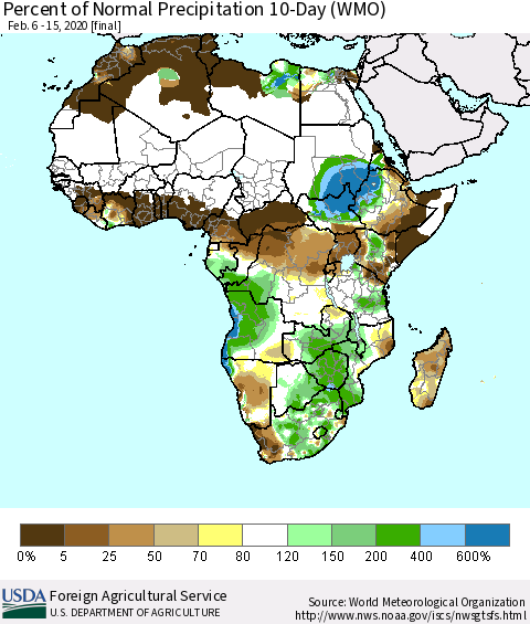 Africa Percent of Normal Precipitation 10-Day (WMO) Thematic Map For 2/6/2020 - 2/15/2020