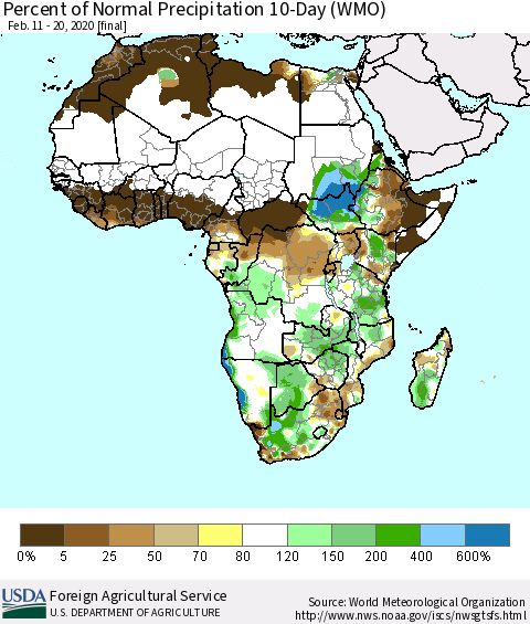 Africa Percent of Normal Precipitation 10-Day (WMO) Thematic Map For 2/11/2020 - 2/20/2020