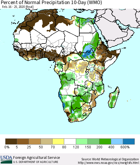 Africa Percent of Normal Precipitation 10-Day (WMO) Thematic Map For 2/16/2020 - 2/25/2020
