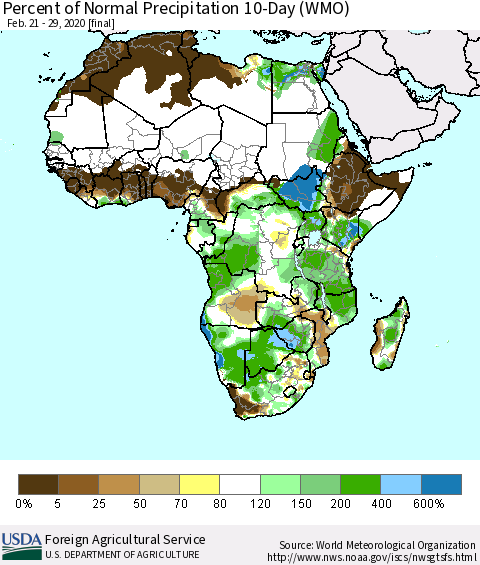 Africa Percent of Normal Precipitation 10-Day (WMO) Thematic Map For 2/21/2020 - 2/29/2020