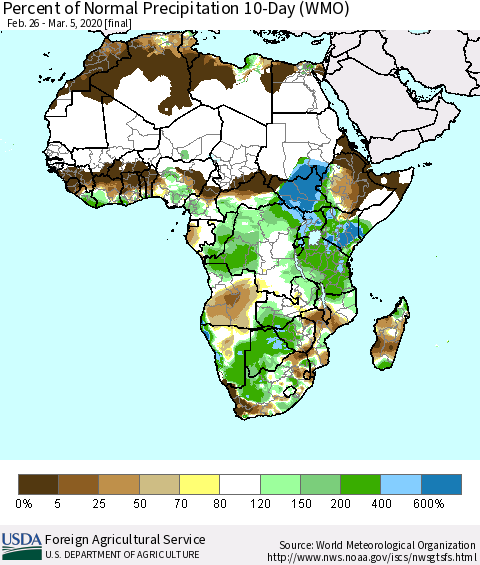 Africa Percent of Normal Precipitation 10-Day (WMO) Thematic Map For 2/26/2020 - 3/5/2020