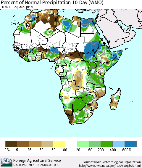 Africa Percent of Normal Precipitation 10-Day (WMO) Thematic Map For 3/11/2020 - 3/20/2020
