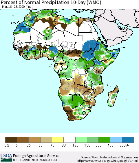 Africa Percent of Normal Precipitation 10-Day (WMO) Thematic Map For 3/16/2020 - 3/25/2020