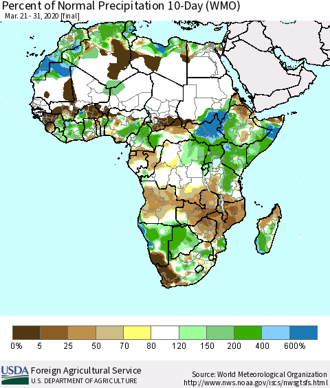 Africa Percent of Normal Precipitation 10-Day (WMO) Thematic Map For 3/21/2020 - 3/31/2020