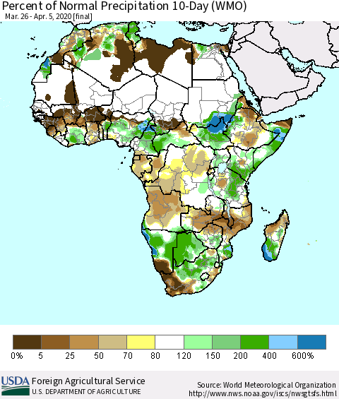 Africa Percent of Normal Precipitation 10-Day (WMO) Thematic Map For 3/26/2020 - 4/5/2020