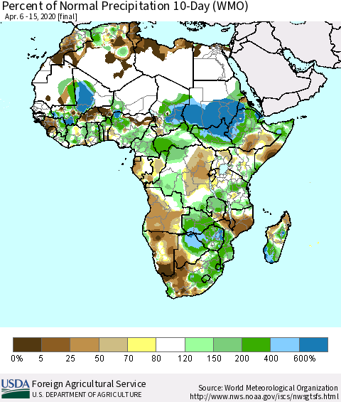 Africa Percent of Normal Precipitation 10-Day (WMO) Thematic Map For 4/6/2020 - 4/15/2020