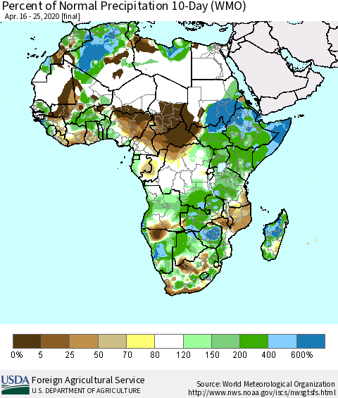 Africa Percent of Normal Precipitation 10-Day (WMO) Thematic Map For 4/16/2020 - 4/25/2020