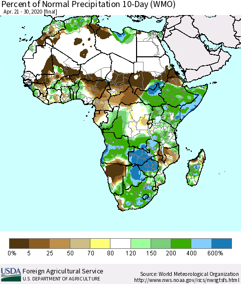 Africa Percent of Normal Precipitation 10-Day (WMO) Thematic Map For 4/21/2020 - 4/30/2020