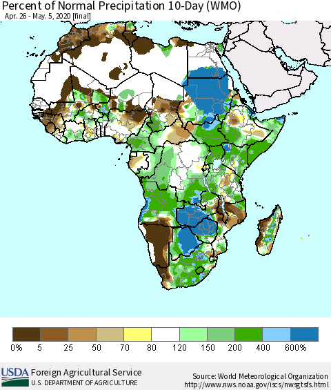 Africa Percent of Normal Precipitation 10-Day (WMO) Thematic Map For 4/26/2020 - 5/5/2020