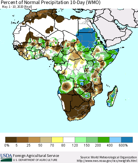 Africa Percent of Normal Precipitation 10-Day (WMO) Thematic Map For 5/1/2020 - 5/10/2020