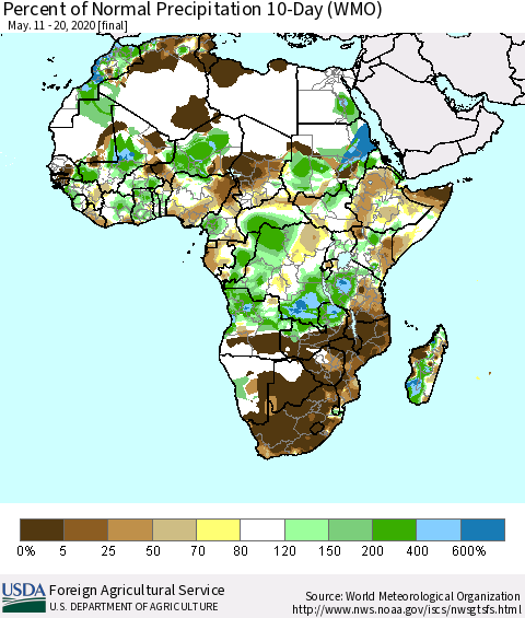 Africa Percent of Normal Precipitation 10-Day (WMO) Thematic Map For 5/11/2020 - 5/20/2020