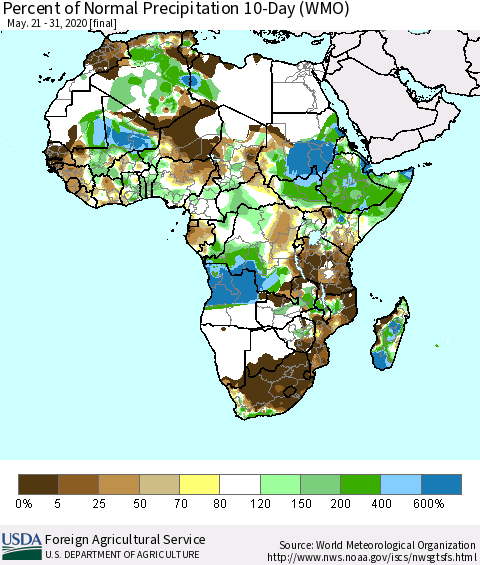 Africa Percent of Normal Precipitation 10-Day (WMO) Thematic Map For 5/21/2020 - 5/31/2020