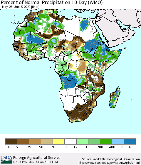 Africa Percent of Normal Precipitation 10-Day (WMO) Thematic Map For 5/26/2020 - 6/5/2020